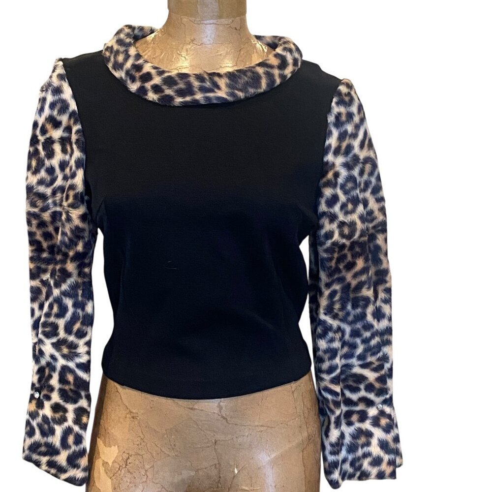 Vintage 60s‎ Mixed Media Top Faux Leopard Fur Sleeve & Collar XS/S #294P